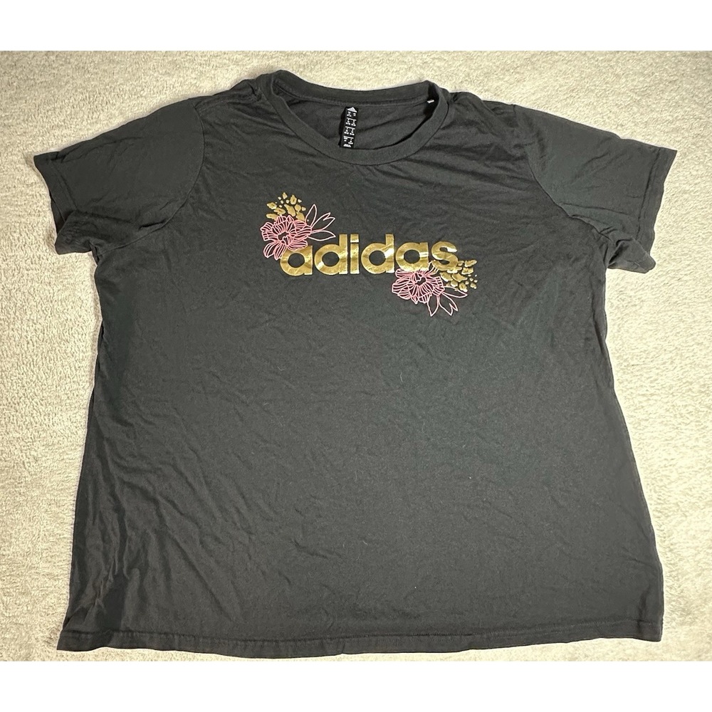 Adidas Women's Plus T-Shirt 3X Black Short Sleeve Crew Neck Floral Logo